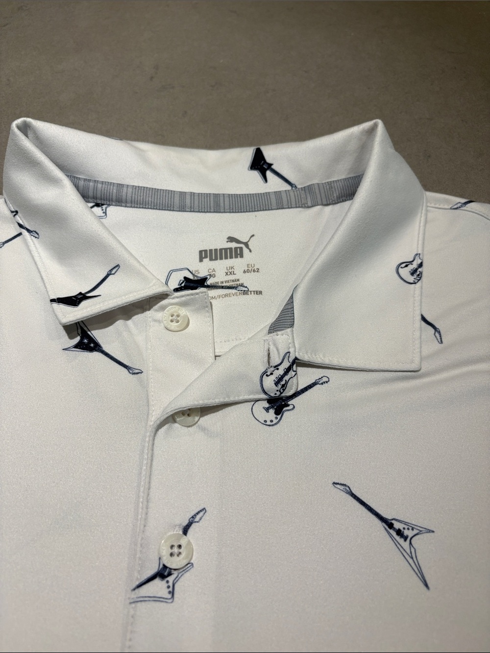 Puma White Polo Shirt with Navy Guitar Print